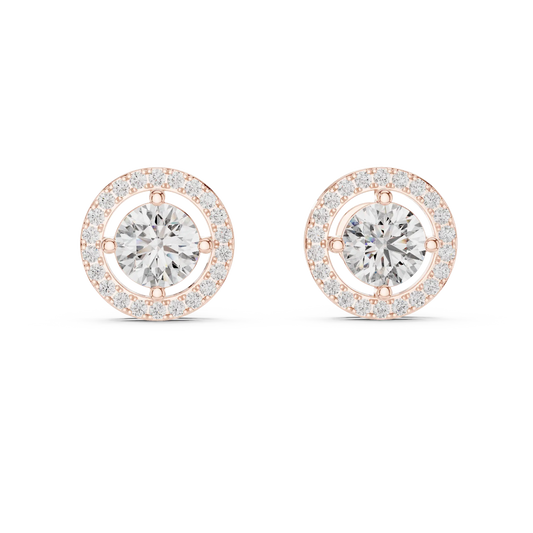Round halo moissanite stud earrings in rose 925 sterling silver, four-prong halo, view 4