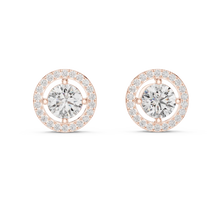 Round halo moissanite stud earrings in rose 925 sterling silver, four-prong halo, view 4