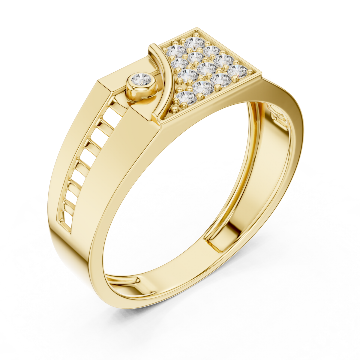 Men's Wide Signet Pavé Moissanite Ring with Bezel Accent in yellow 925 sterling silver, view 2