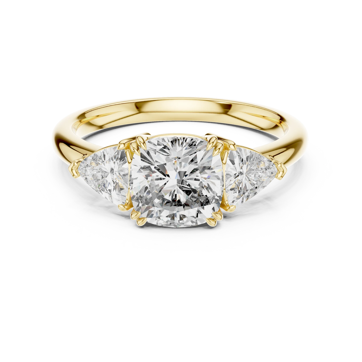 Cushion and Trillion Three Stone Moissanite Ring, Large Side Stones in yellow 925 sterling silver, view 4