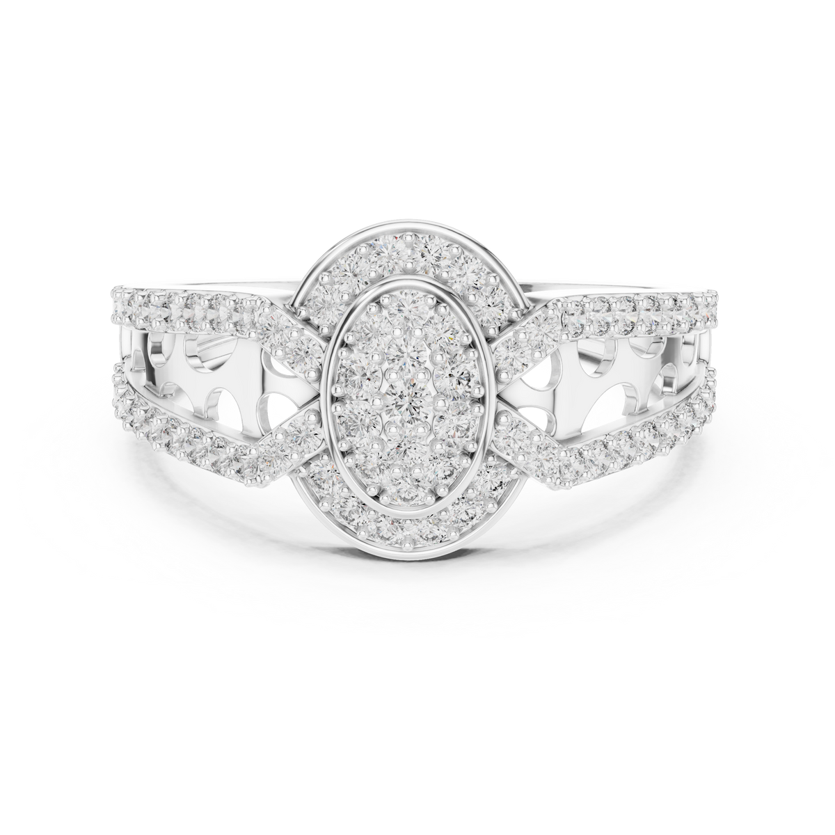 Oval Cluster Halo Moissanite Ring with Split Pavé Shank in white 925 sterling silver, view 4