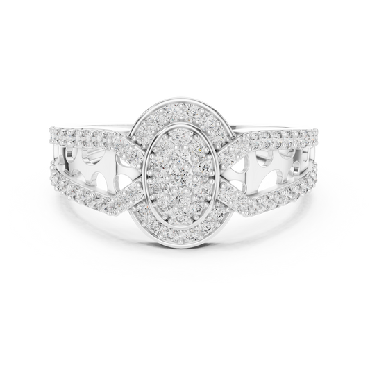 Oval Cluster Halo Moissanite Ring with Split Pavé Shank in white 925 sterling silver, view 4
