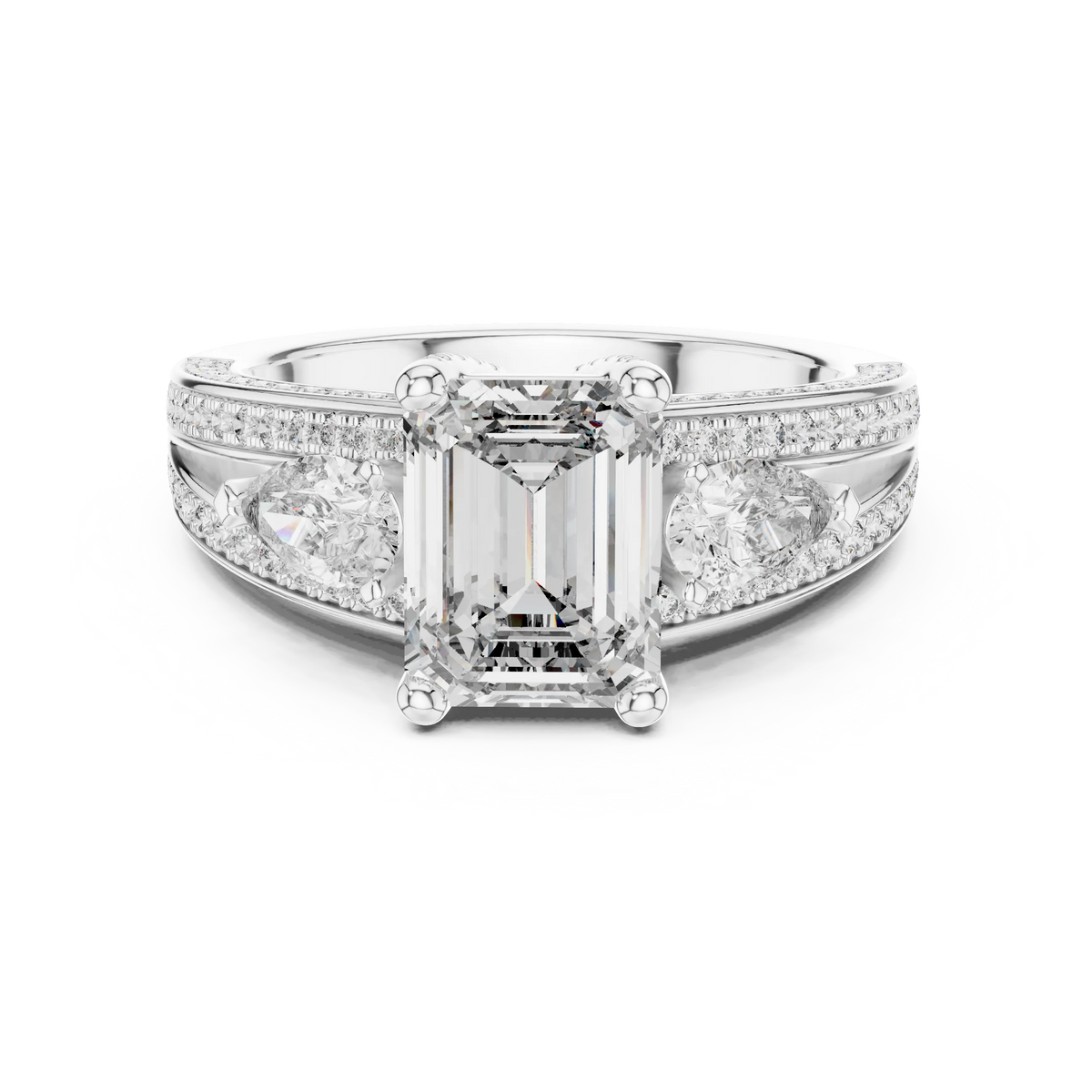 Emerald Cut Moissanite Ring with Pear Sides and Split Pavé Shank in white 925 sterling silver, view 4