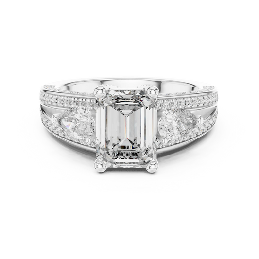 Emerald Cut Moissanite Ring with Pear Sides and Split Pavé Shank in white 925 sterling silver, view 4