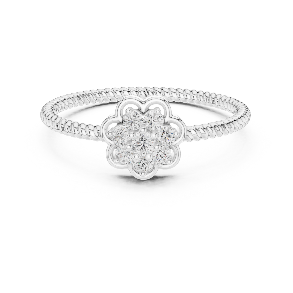 Flower Cluster Moissanite Ring with Rope Band in white 925 sterling silver, view 4
