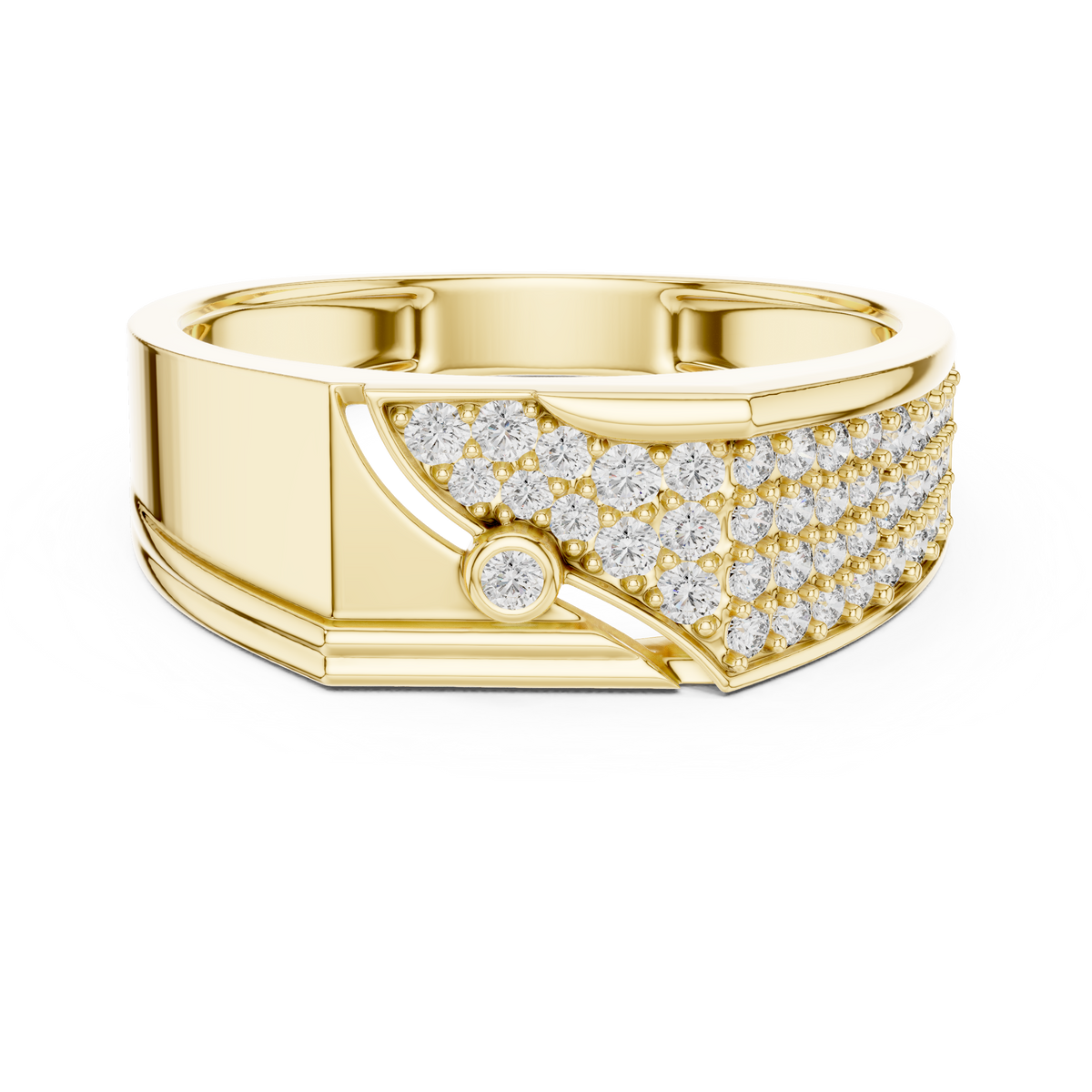 Men's Wide Pavé Panel Moissanite Band with Bezel Accent in yellow 925 sterling silver, view 4