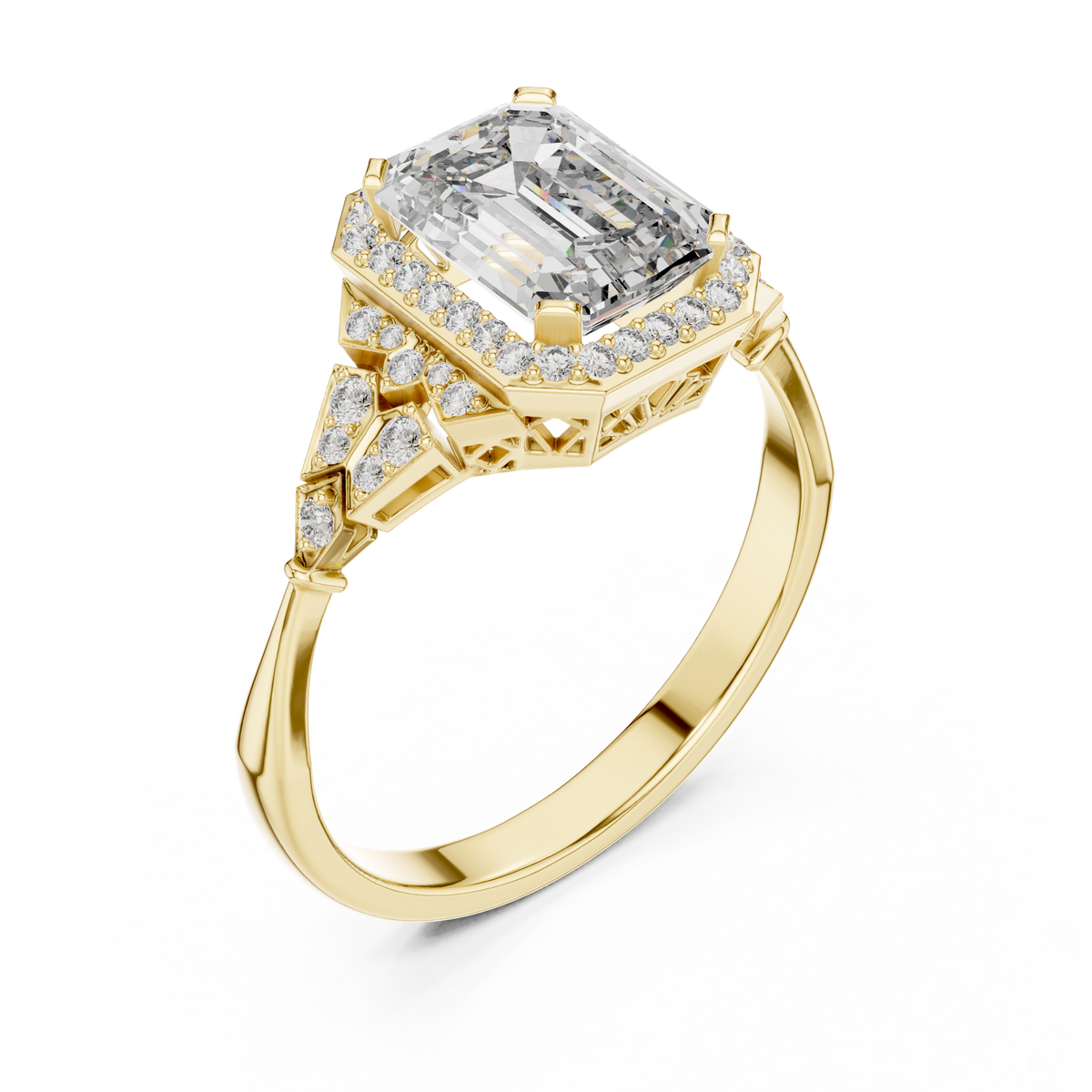 Emerald Cut Art Deco Halo Moissanite Ring in yellow 925 sterling silver, view 2