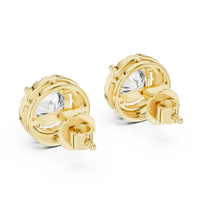Round moissanite U-prong halo stud earrings in yellow 925 sterling silver, view 3