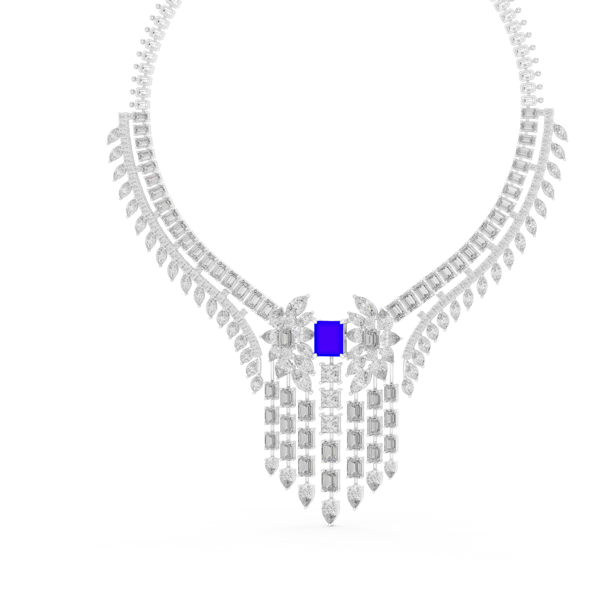 Statement Fringe Collar Necklace with Blue Centre Stone in white 925 sterling silver, view 2