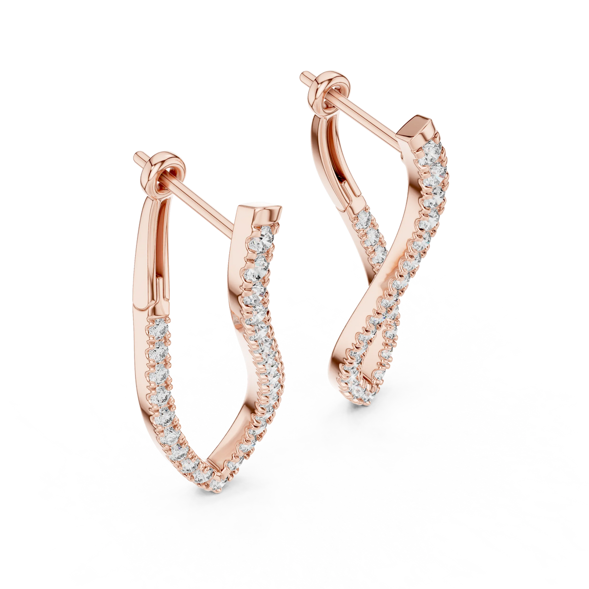 Moissanite twisted pave hoop earrings in rose 925 sterling silver, view 2
