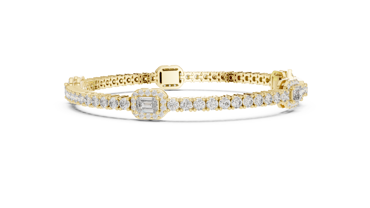 Emerald Halo Station Round Moissanite Tennis Bracelet in yellow 925 sterling silver, view 4