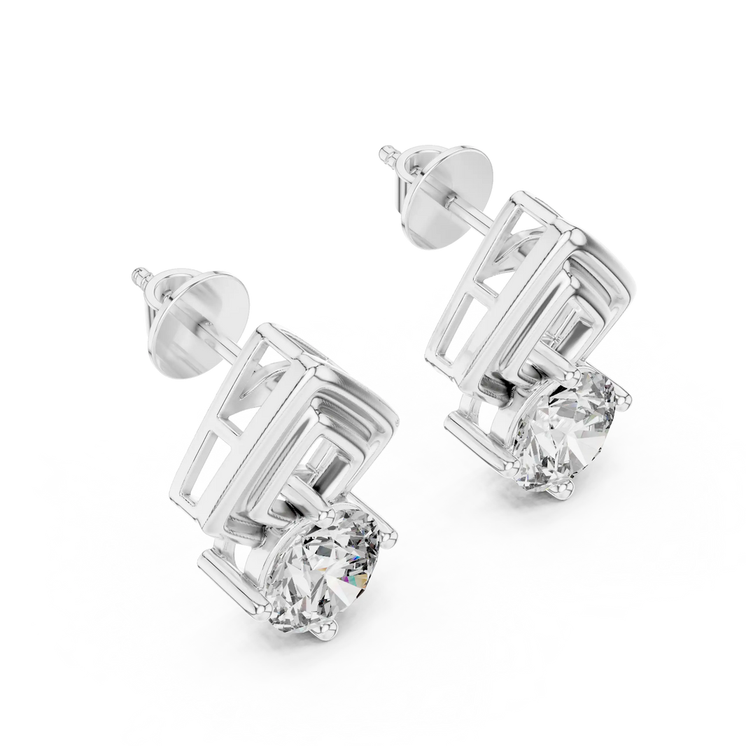 Round moissanite geometric frame stud earrings in white 925 sterling silver, view 2