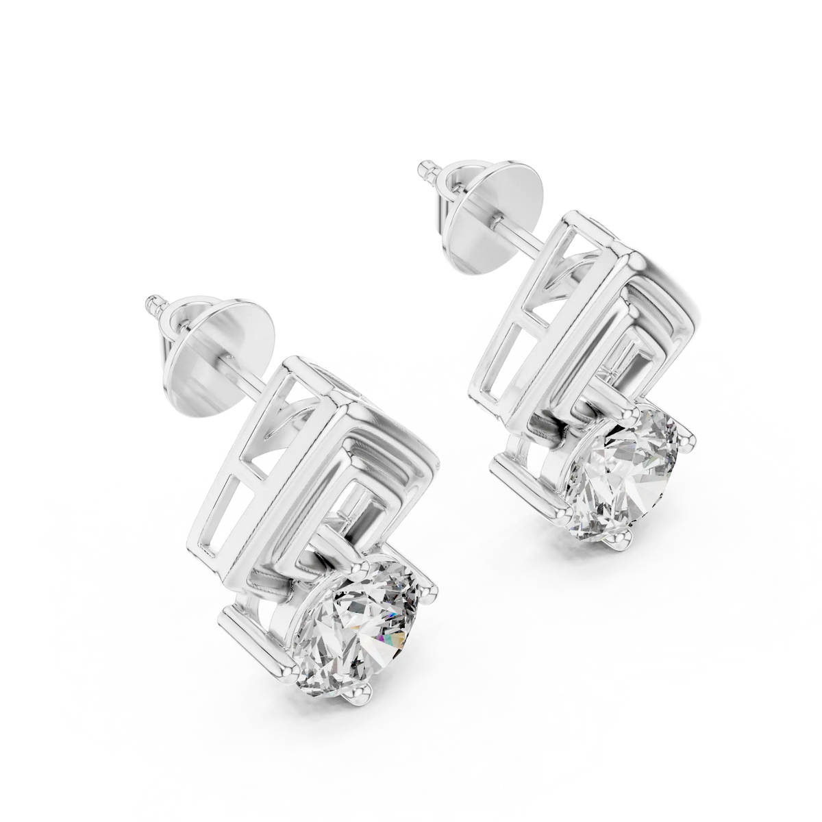 Round moissanite geometric frame stud earrings in white 925 sterling silver, view 2