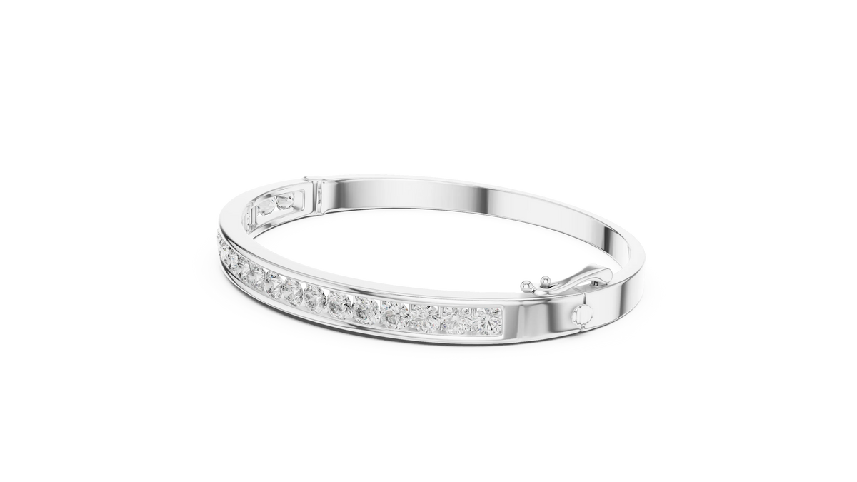 Channel Set Round Moissanite Hinged Bangle in white 925 sterling silver, view 2