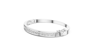 Channel Set Round Moissanite Hinged Bangle in white 925 sterling silver, view 2