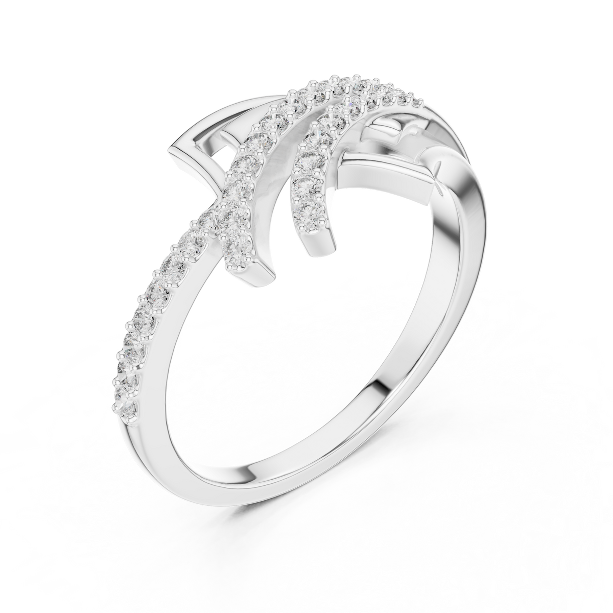 Pavé Wing Crossover Moissanite Ring in white 925 sterling silver, view 2
