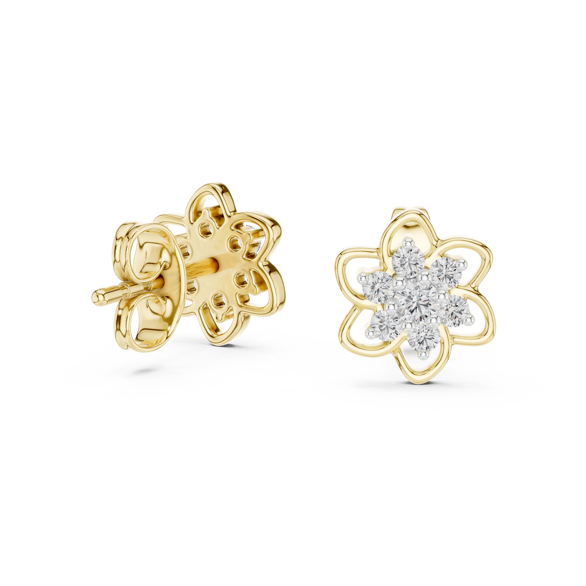 Moissanite Flower Cluster Stud Earrings in yellow 925 sterling silver, view 1