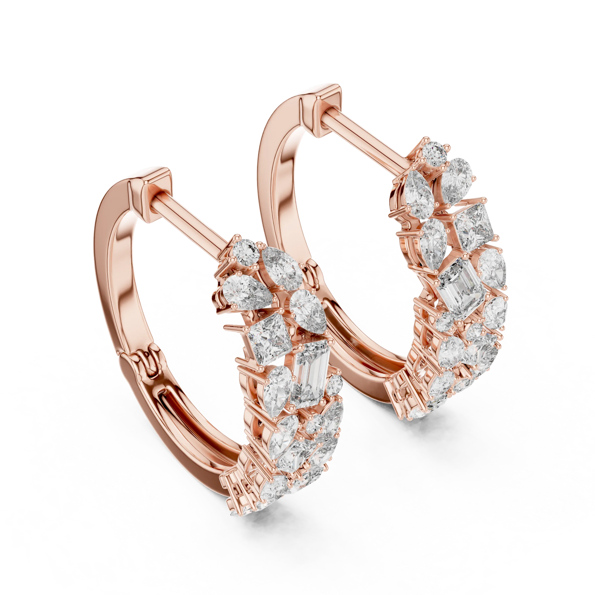 Mixed shape moissanite cluster hoop earrings in rose 925 sterling silver, view 2