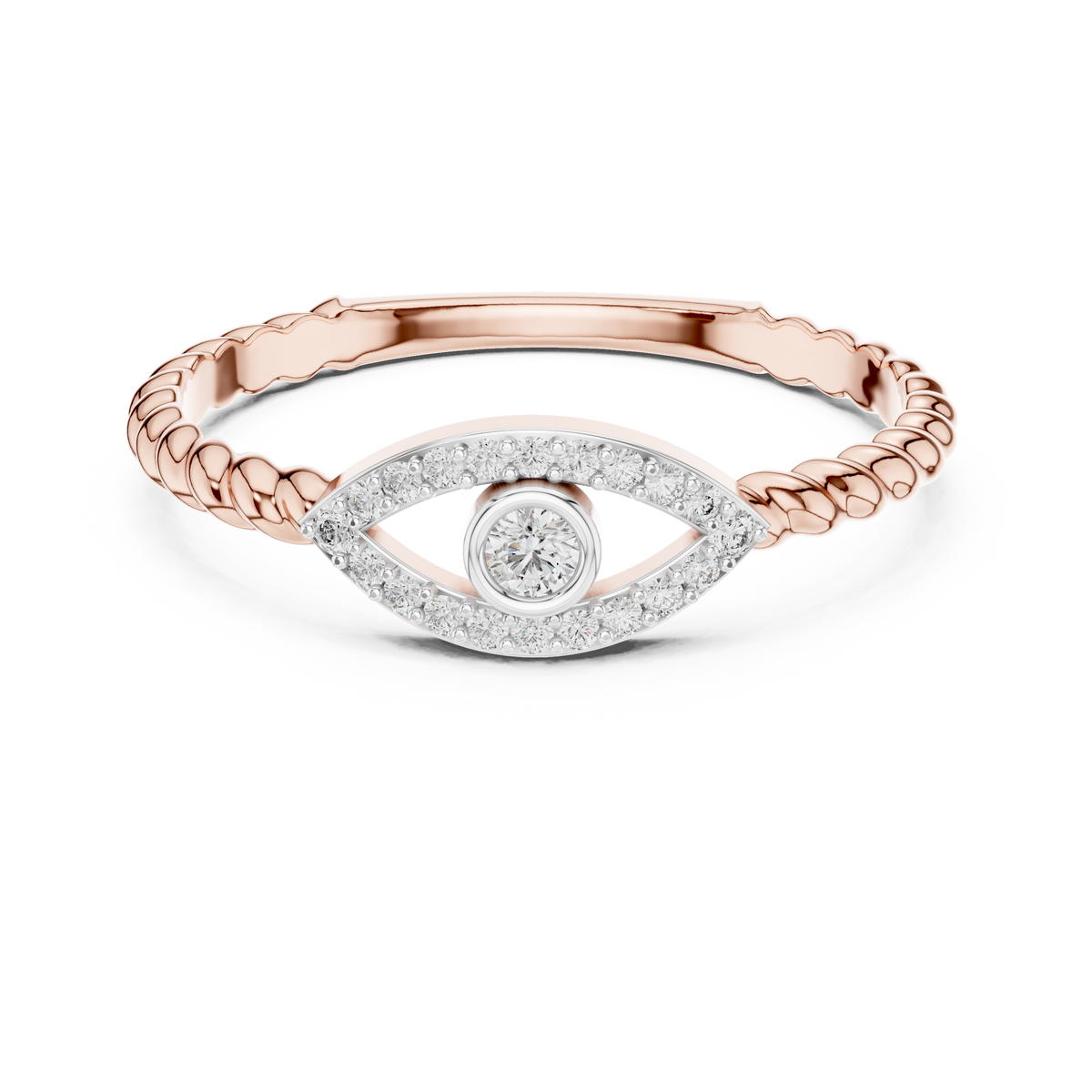 Evil Eye Moissanite Ring with Rope Shank in rose 925 sterling silver, view 4