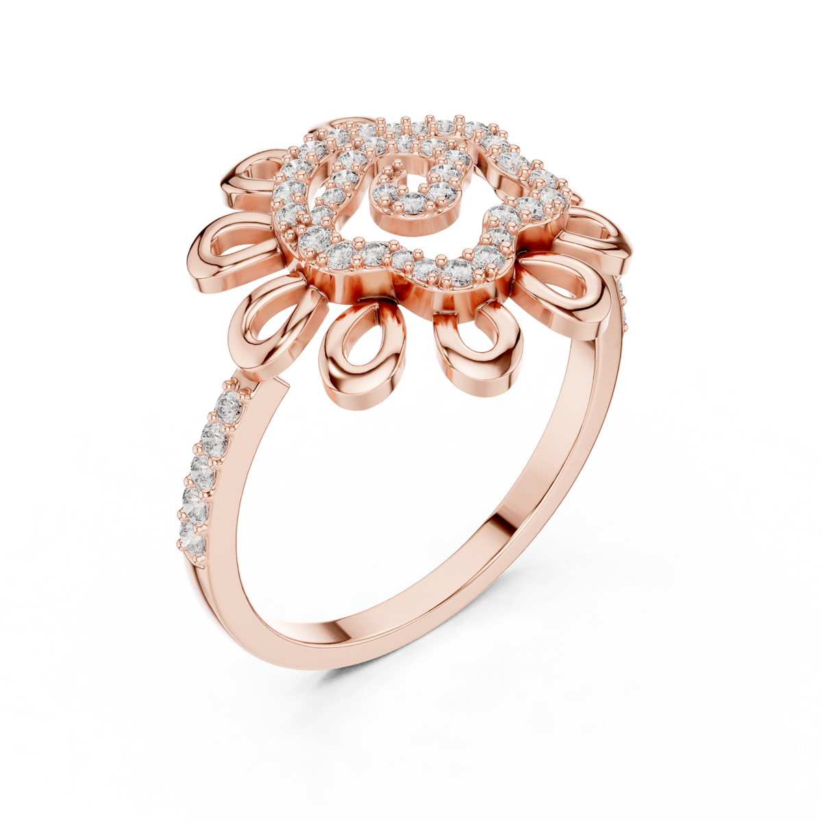 Flower Petal Swirl Moissanite Cocktail Ring in rose 925 sterling silver, view 2