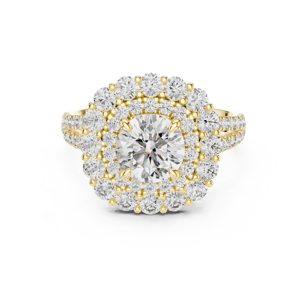 Round Cluster Halo Moissanite Engagement Ring in yellow 925 sterling silver, view 4