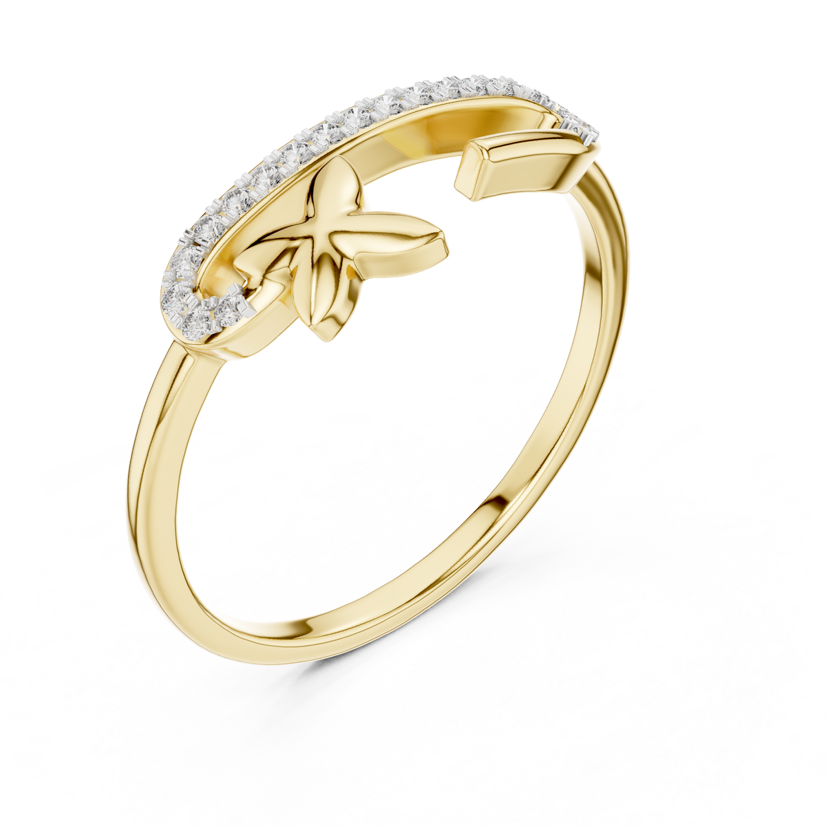 Pavé Bar Moissanite Ring with Clover Accent in yellow 925 sterling silver, view 2