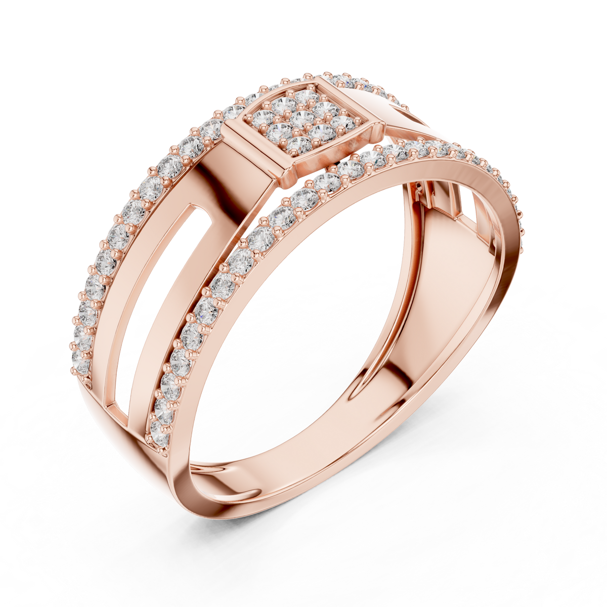 Square Cluster Double-Row Moissanite Band in rose 925 sterling silver, view 2