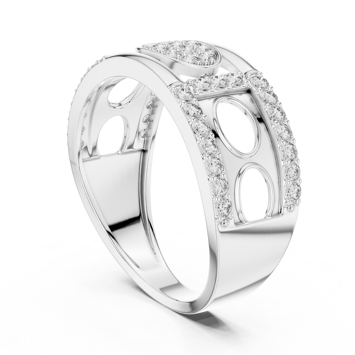 Oval Pavé Cluster Openwork Moissanite Statement Band in white 925 sterling silver, view 1