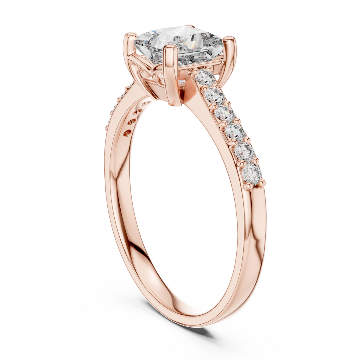 Princess Cut Moissanite Ring with Pavé Shoulders in rose 925 sterling silver, view 1