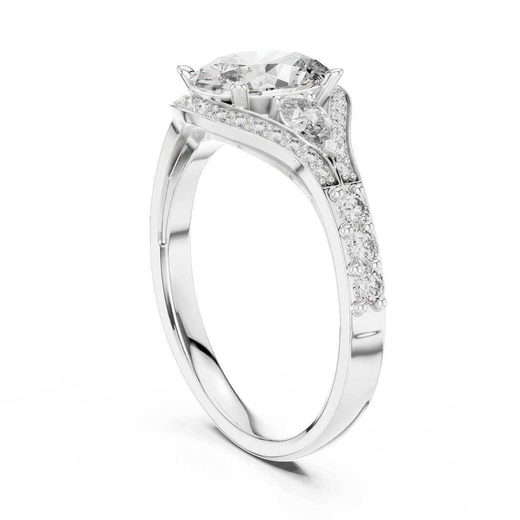 Oval and Pear Moissanite Halo Ring with Split Pavé Shoulders in white 925 sterling silver, view 1