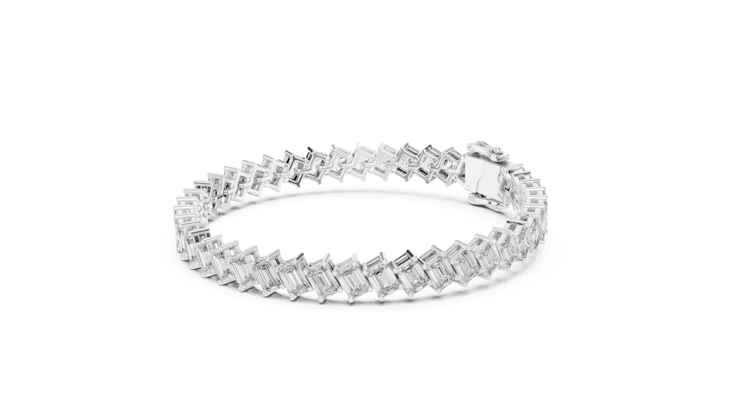 Diagonal Emerald Cut Moissanite Tennis Bracelet in white 925 sterling silver, view 2