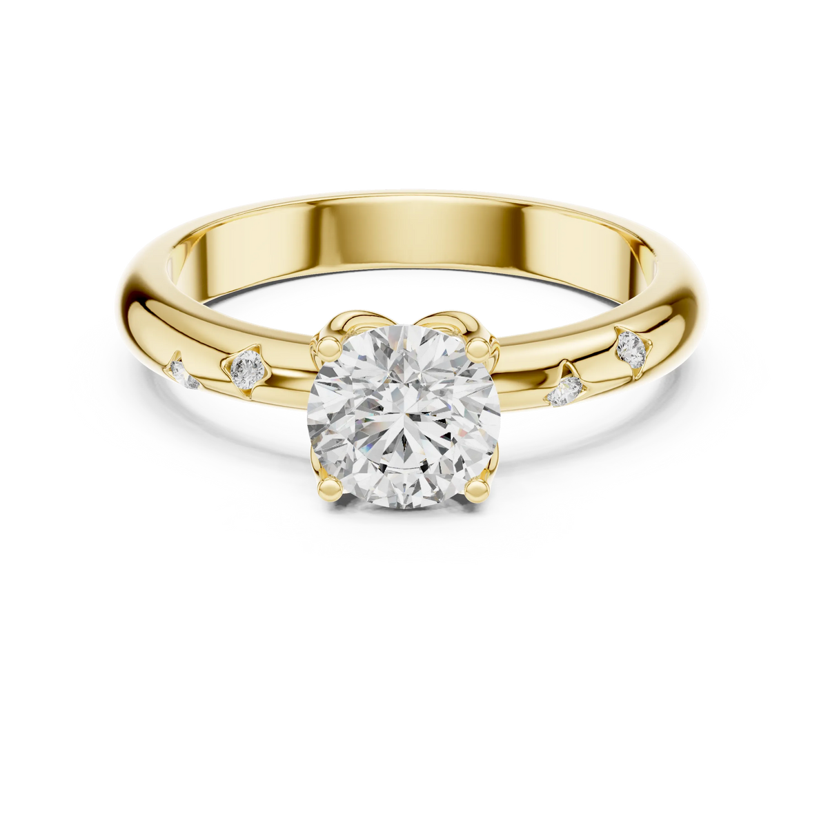 Round Solitaire Moissanite Ring with Bezel Accents in yellow 925 sterling silver, view 4