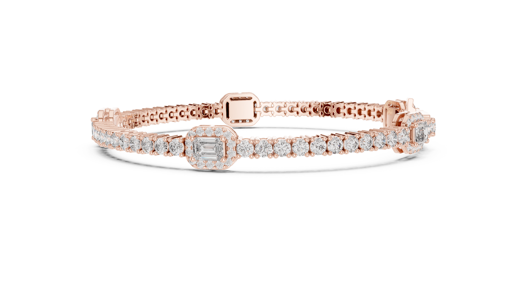 Emerald Halo Station Round Moissanite Tennis Bracelet in rose 925 sterling silver, view 4