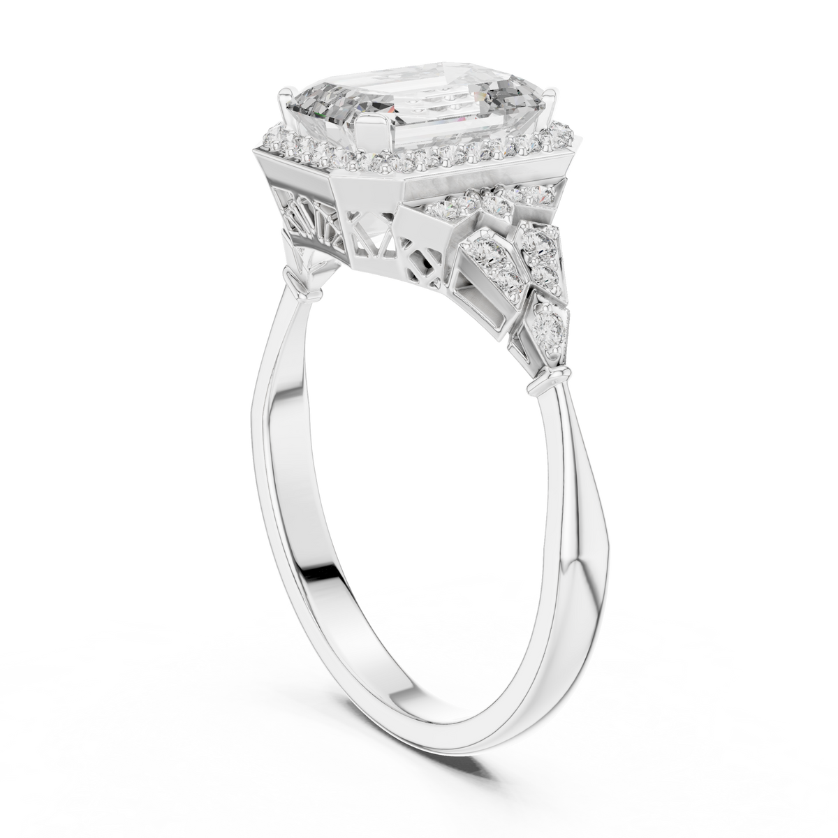 Emerald Cut Art Deco Halo Moissanite Ring in white 925 sterling silver, view 1