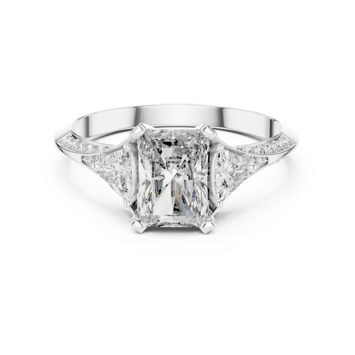 Radiant Cut and Curved Trillion Moissanite Ring with Pavé Split Shoulders in white 925 sterling silver, view 4