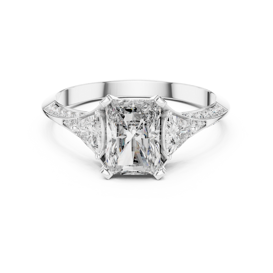 Radiant Cut and Curved Trillion Moissanite Ring with Pavé Split Shoulders in white 925 sterling silver, view 4