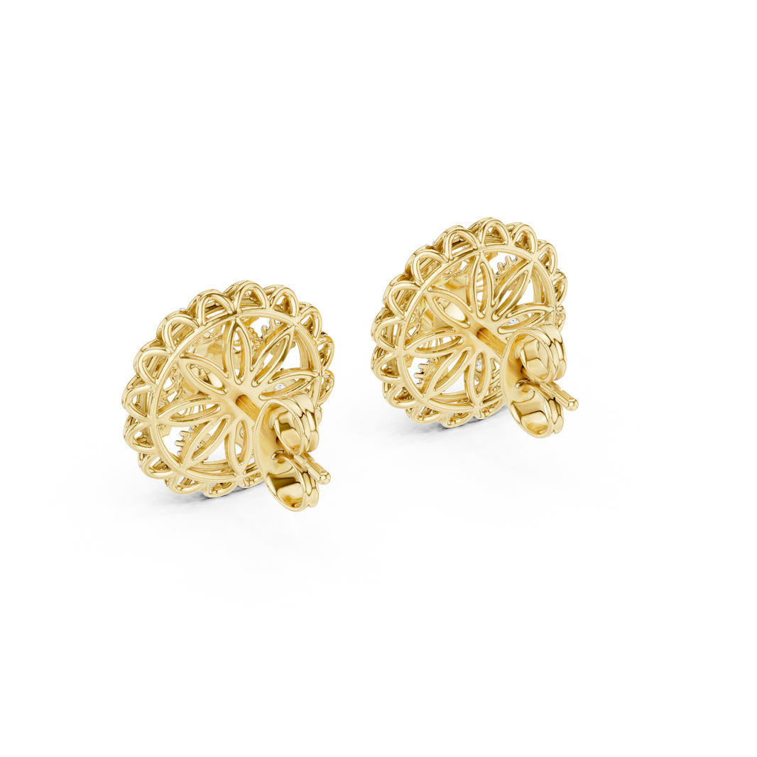 Moissanite Mandala Flower Stud Earrings in yellow 925 sterling silver, view 3