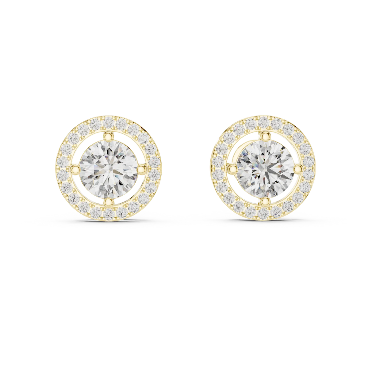 Round halo moissanite stud earrings in yellow 925 sterling silver, four-prong halo, view 4