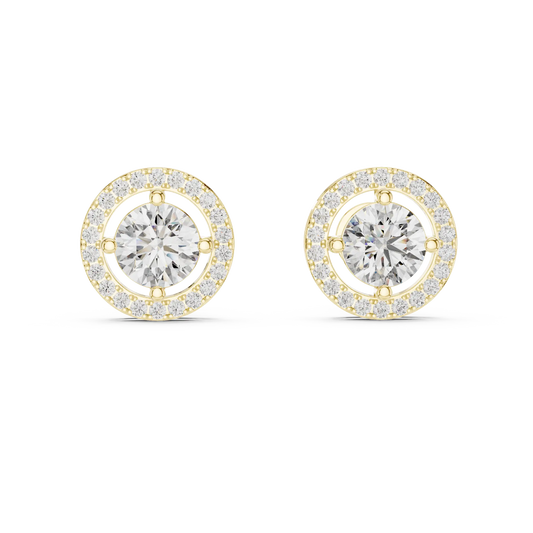 Round halo moissanite stud earrings in yellow 925 sterling silver, four-prong halo, view 4