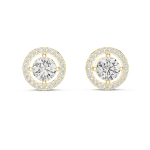 Round halo moissanite stud earrings in yellow 925 sterling silver, four-prong halo, view 4
