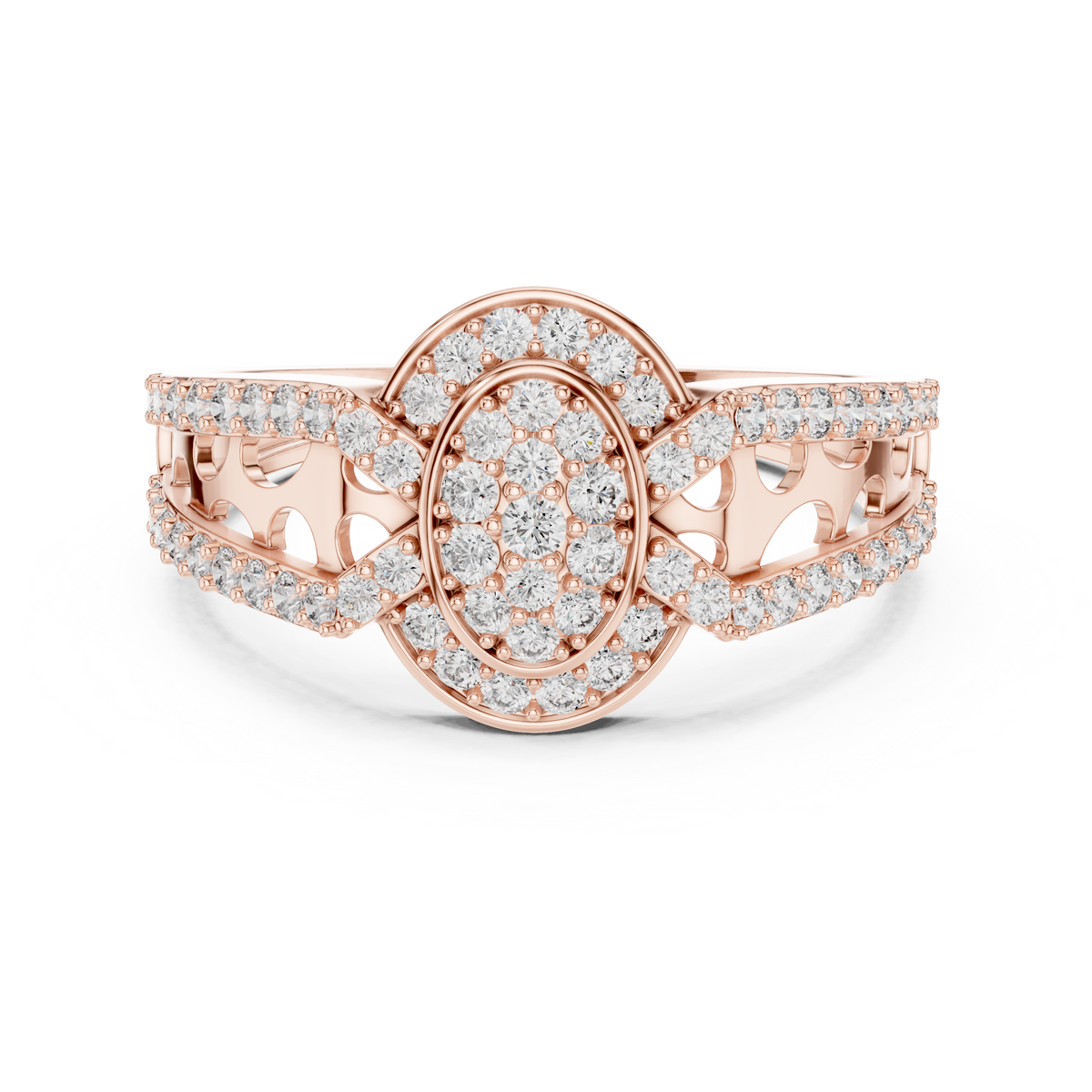 Oval Cluster Halo Moissanite Ring with Split Pavé Shank in rose 925 sterling silver, view 4