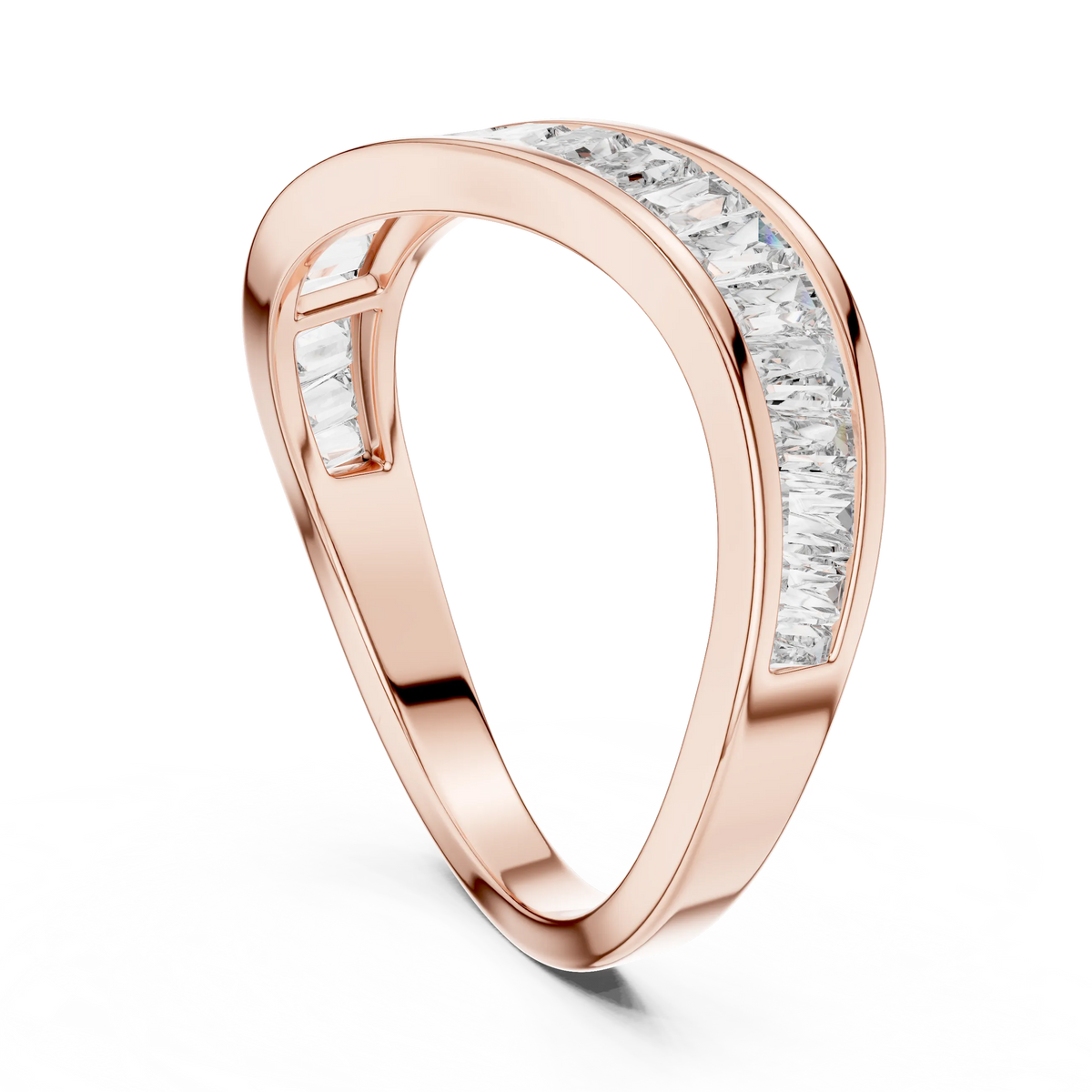 Baguette Moissanite Curved Contour Band in rose 925 sterling silver, view 1