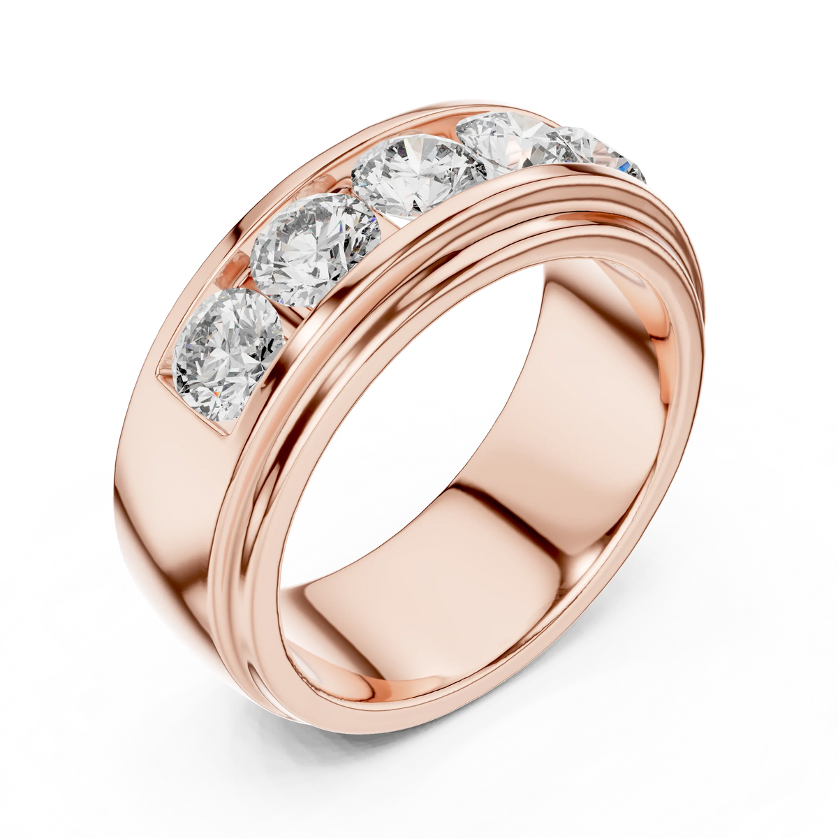 Five Stone Channel Set Moissanite Wide Band in rose 925 sterling silver, view 2