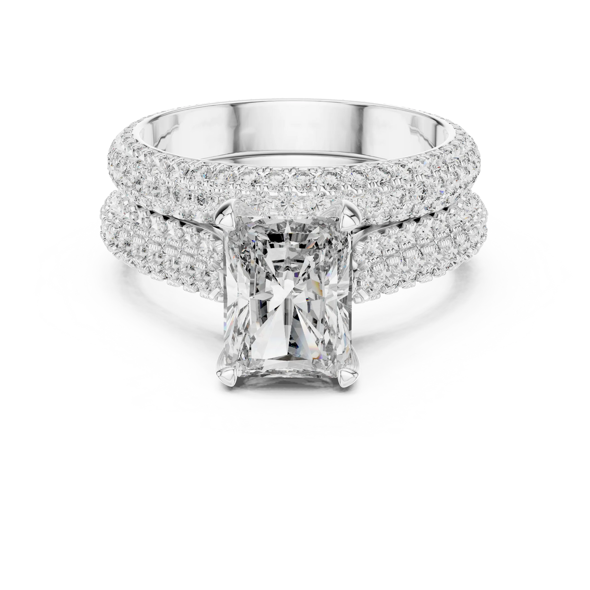 Radiant Cut Moissanite Ring with Wide Pavé Band in white 925 sterling silver, view 4
