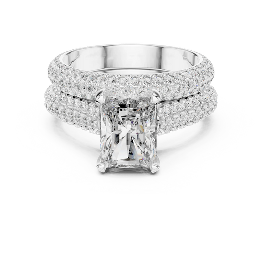 Radiant Cut Moissanite Ring with Wide Pavé Band in white 925 sterling silver, view 4