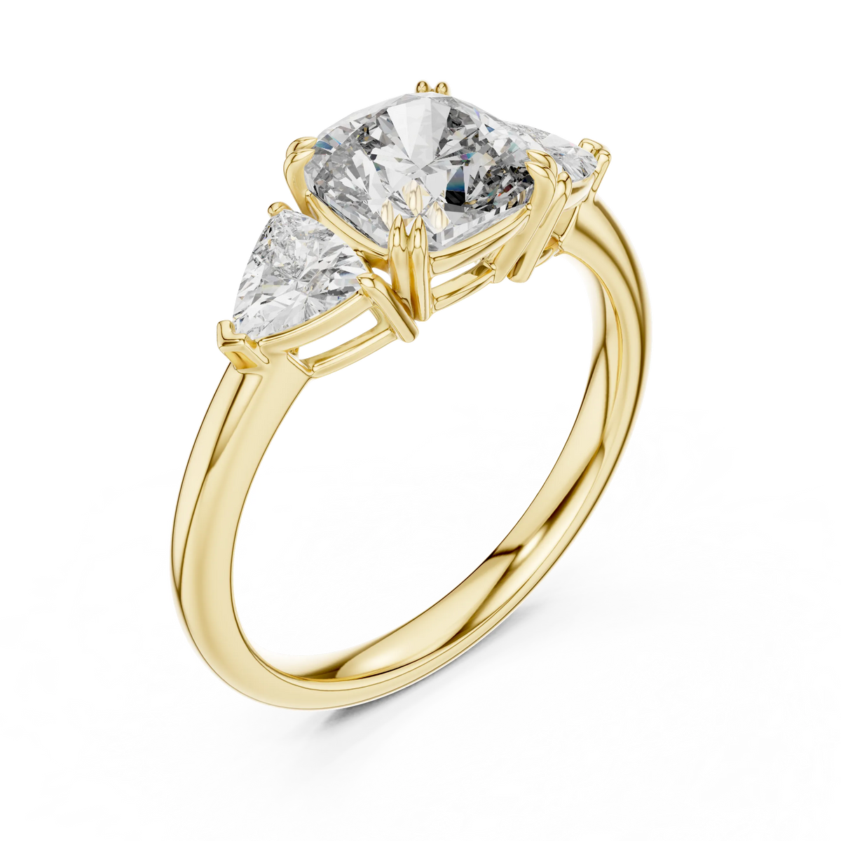 Cushion and Trillion Three Stone Moissanite Ring, Large Side Stones in yellow 925 sterling silver, view 2