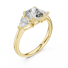 Cushion and Trillion Three Stone Moissanite Ring, Large Side Stones in yellow 925 sterling silver, view 2