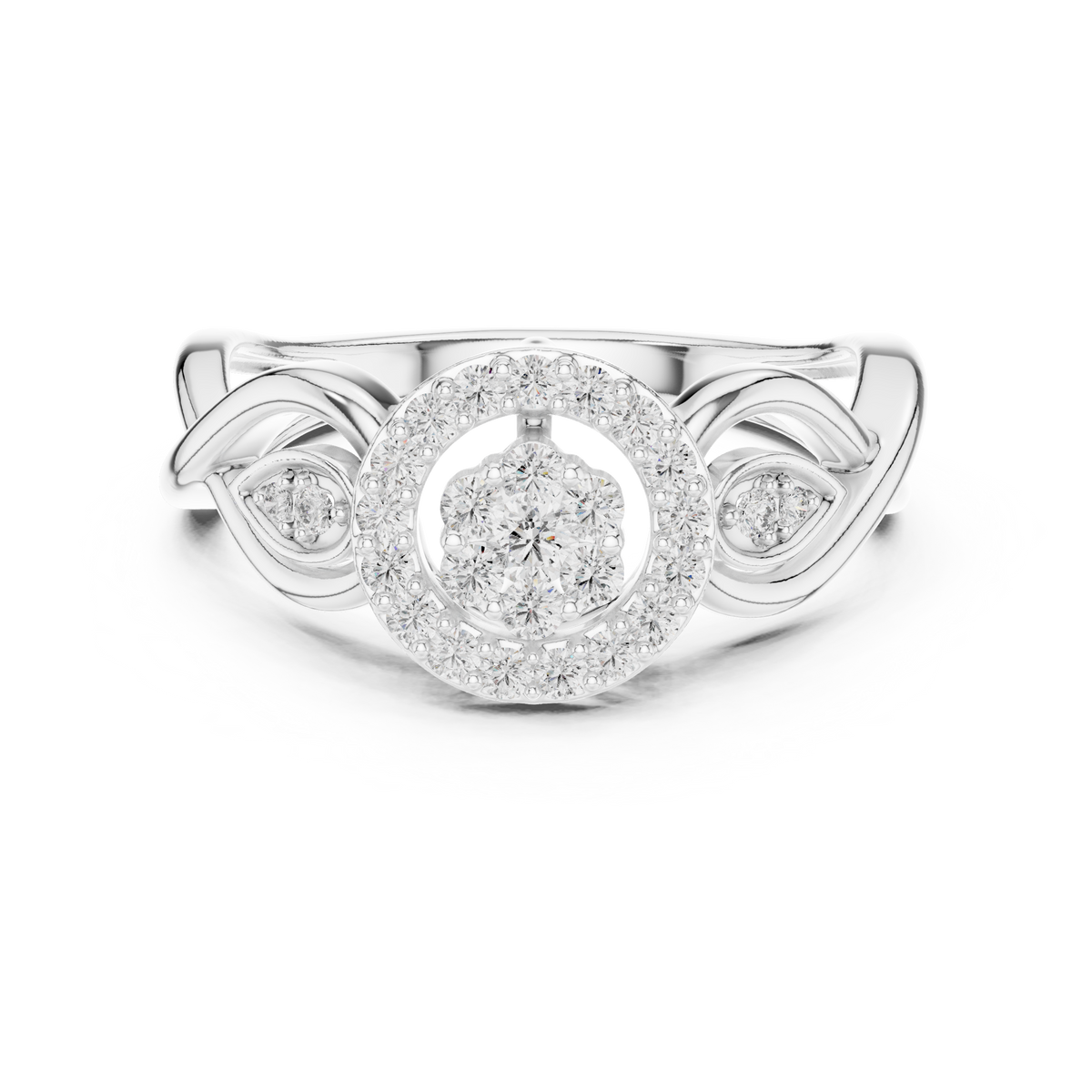 Cluster Halo Moissanite Ring with Scroll Accents in white 925 sterling silver, view 4