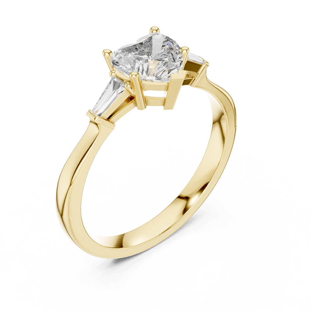 Heart Moissanite Ring with Tapered Baguette Sides in yellow 925 sterling silver, view 2