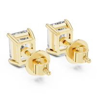 Emerald moissanite stud earrings in yellow 925 sterling silver, four-prong basket, view 3